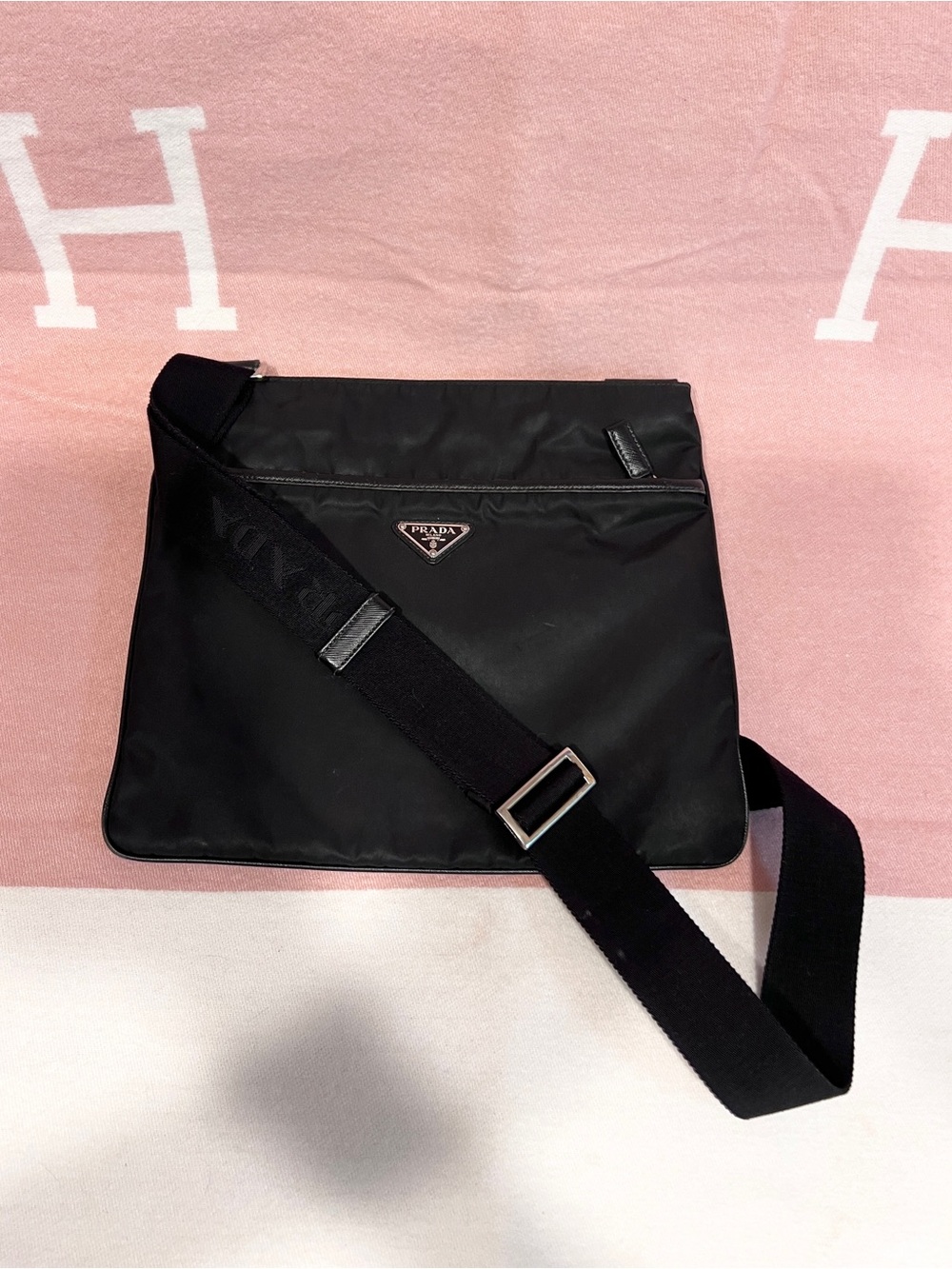 Prada Black Nylon Messenger Bag with Adjustable Prada embossed Strap! Offers!
